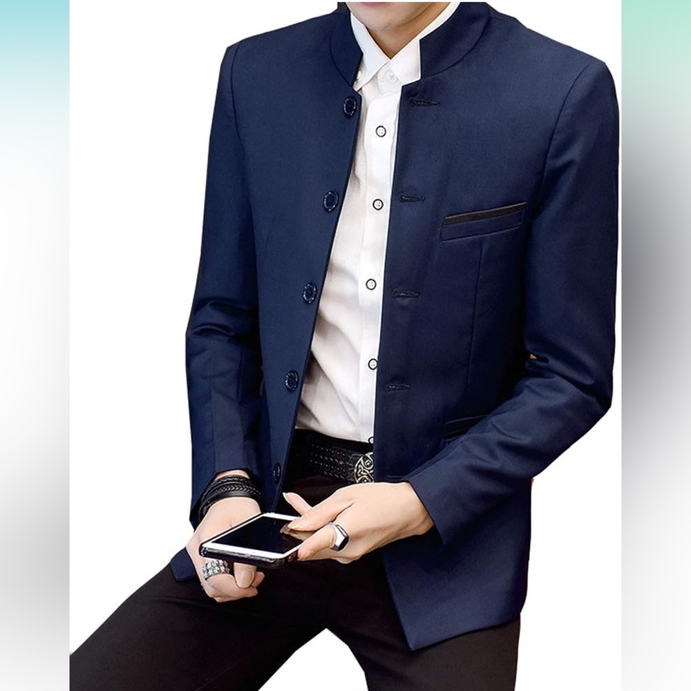 Mens Chinese tunic suits mandarin collar formal slim fit jacket front button